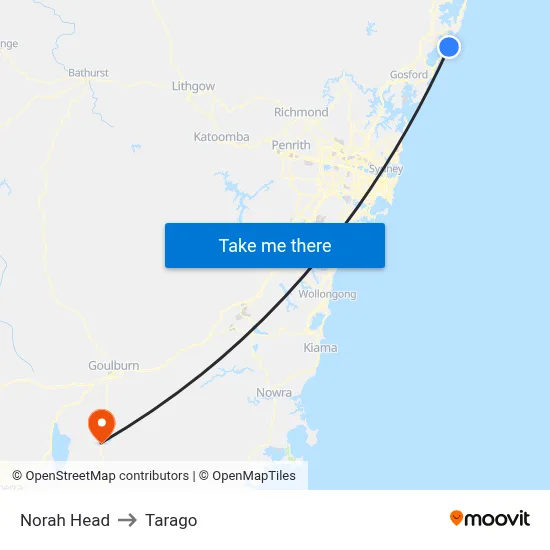 Norah Head to Tarago map