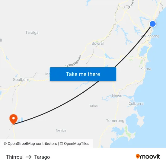 Thirroul to Tarago map