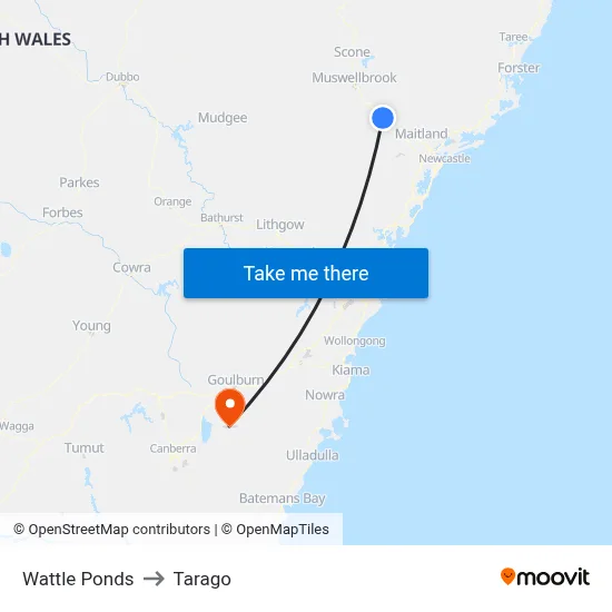 Wattle Ponds to Tarago map