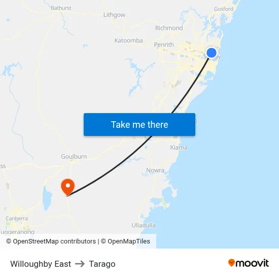 Willoughby East to Tarago map