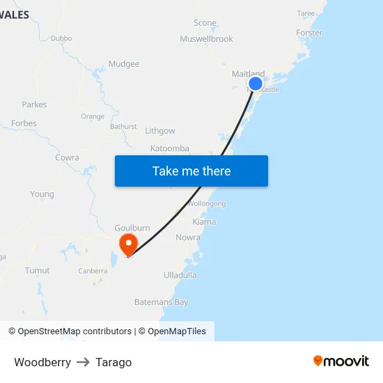 Woodberry to Tarago map