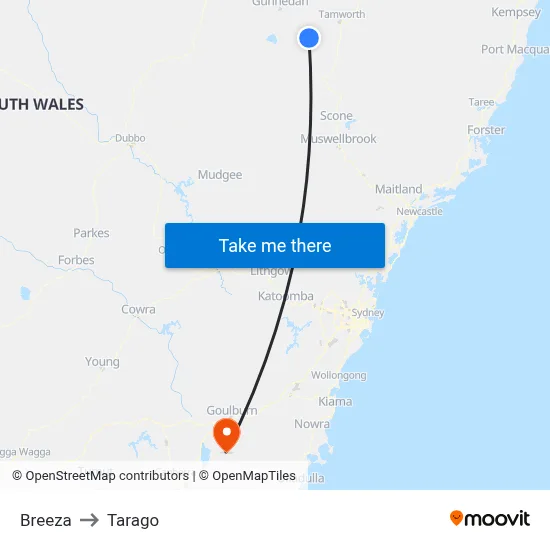 Breeza to Tarago map