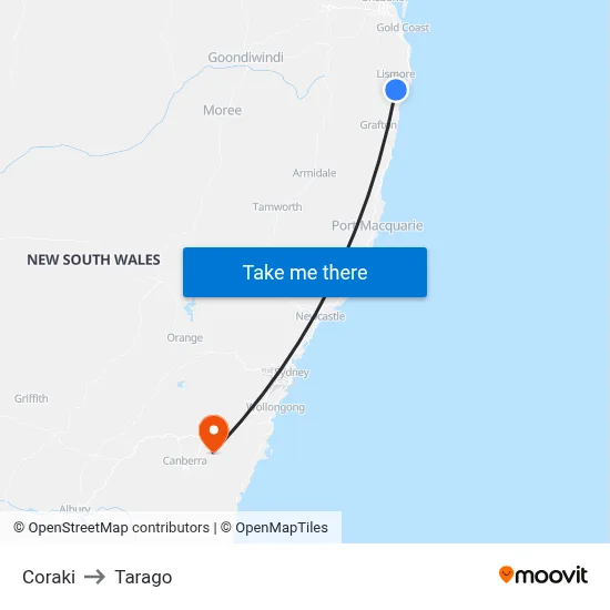 Coraki to Tarago map