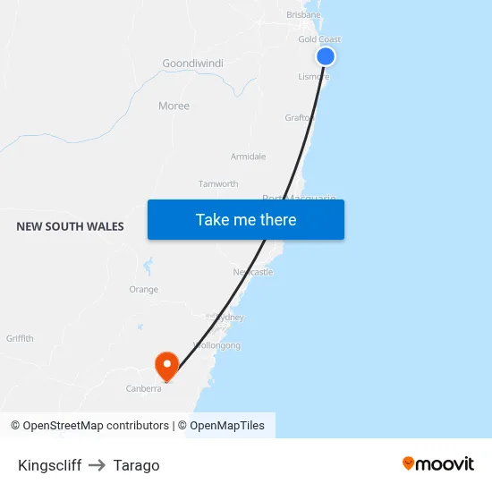 Kingscliff to Tarago map