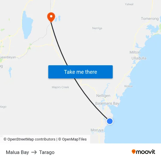 Malua Bay to Tarago map