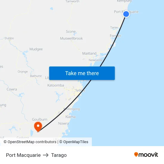 Port Macquarie to Tarago map