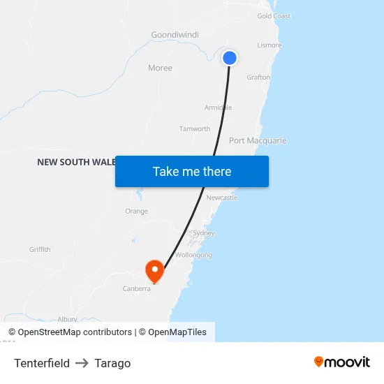 Tenterfield to Tarago map