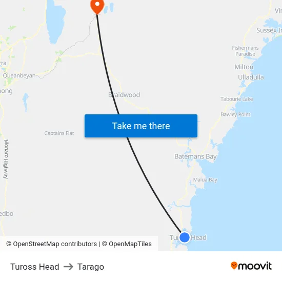 Tuross Head to Tarago map