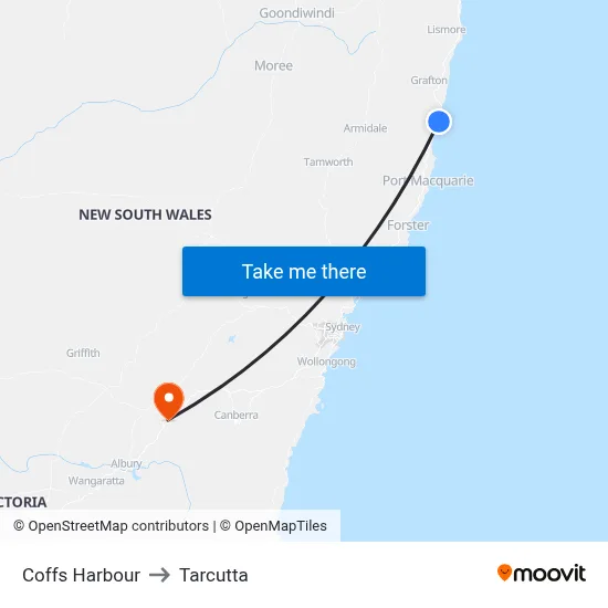 Coffs Harbour to Tarcutta map