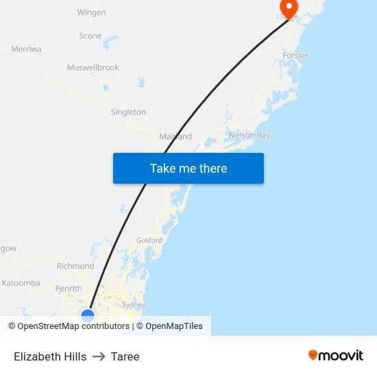 Elizabeth Hills to Taree map