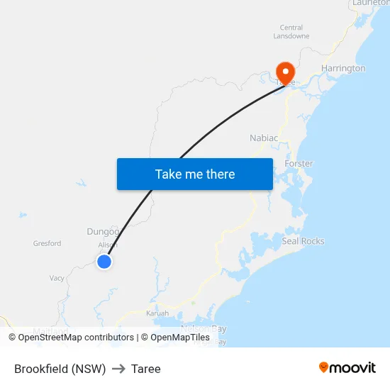 Brookfield (NSW) to Taree map