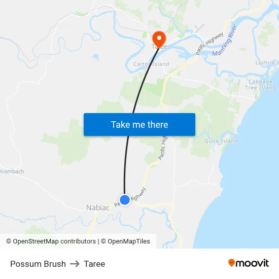 Possum Brush to Taree map