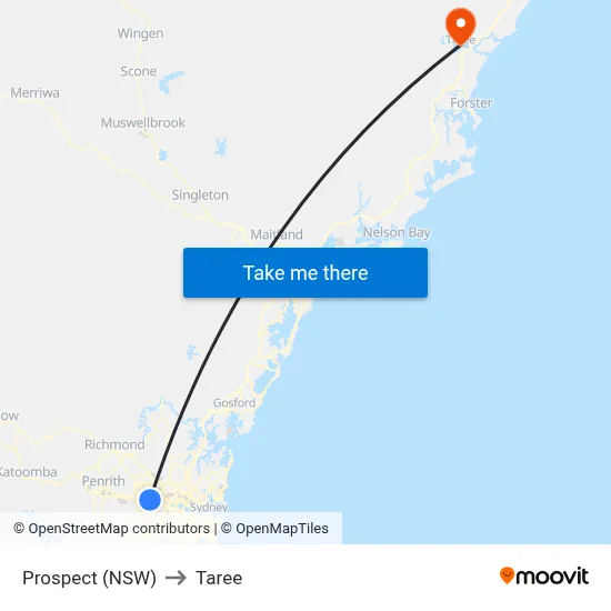Prospect (NSW) to Taree map