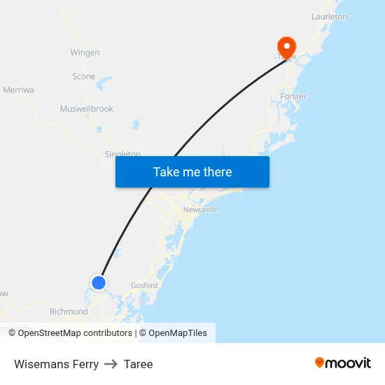 Wisemans Ferry to Taree map