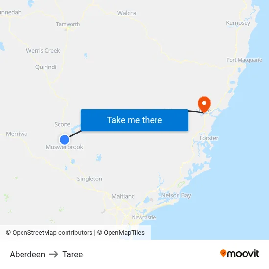 Aberdeen to Taree map
