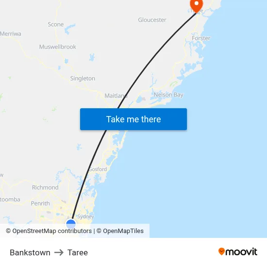 Bankstown to Taree map
