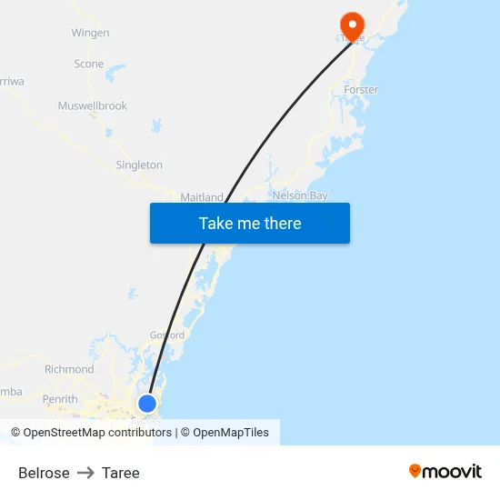 Belrose to Taree map
