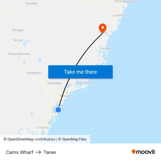 Cams Wharf to Taree map