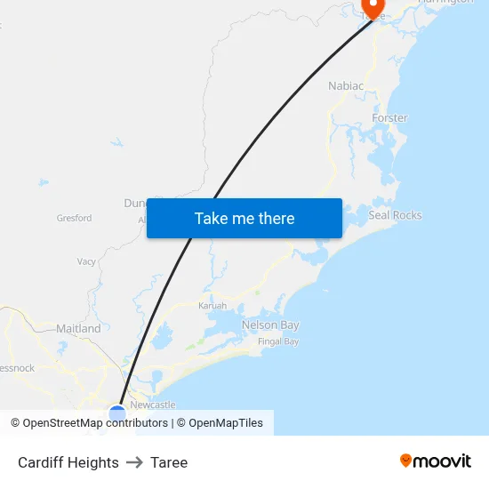 Cardiff Heights to Taree map