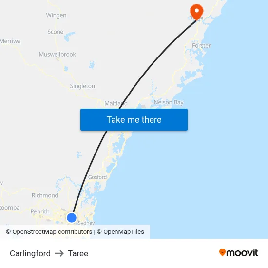 Carlingford to Taree map