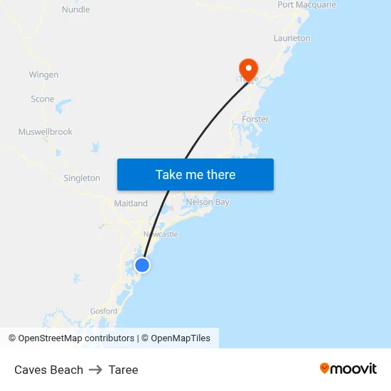 Caves Beach to Taree map