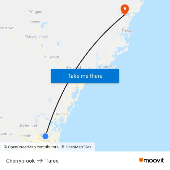 Cherrybrook to Taree map