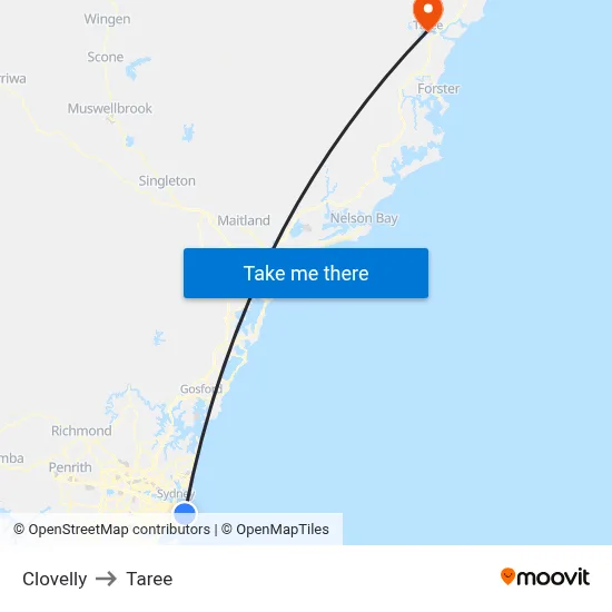 Clovelly to Taree map