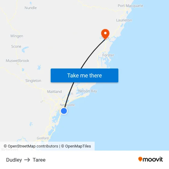 Dudley to Taree map