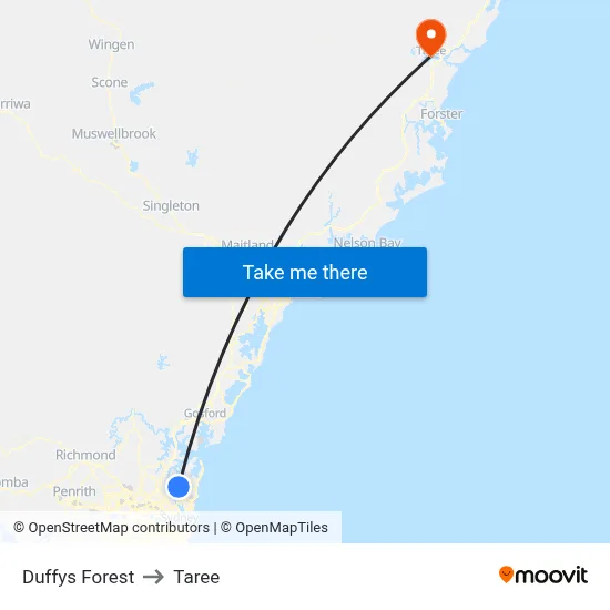 Duffys Forest to Taree map