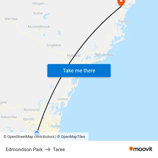 Edmondson Park to Taree map
