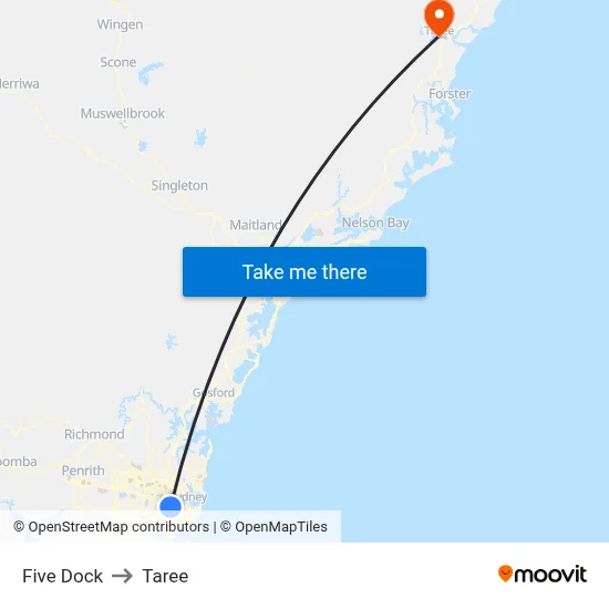 Five Dock to Taree map