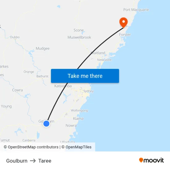 Goulburn to Taree map