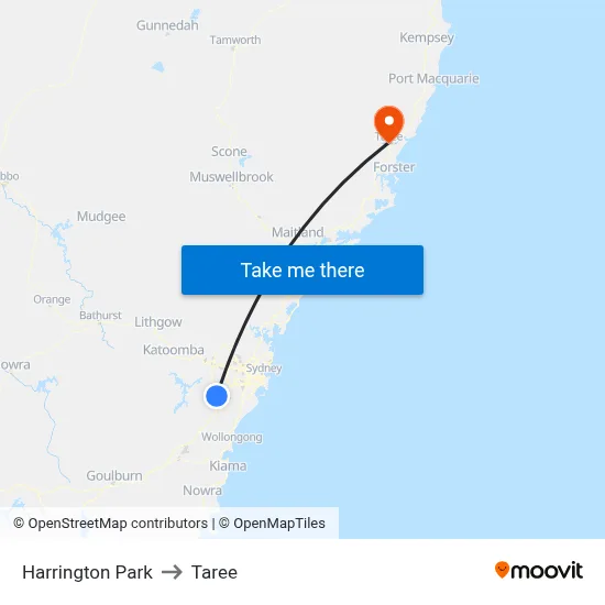 Harrington Park to Taree map