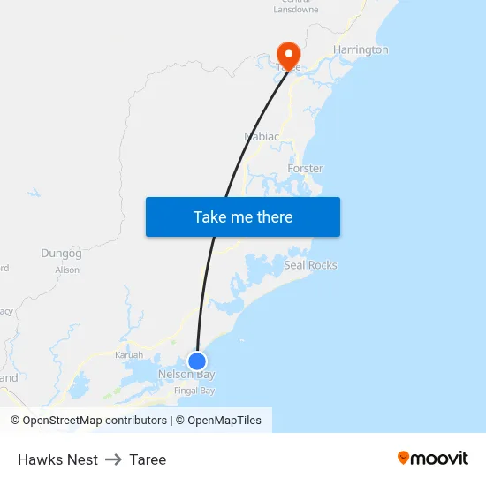 Hawks Nest to Taree map