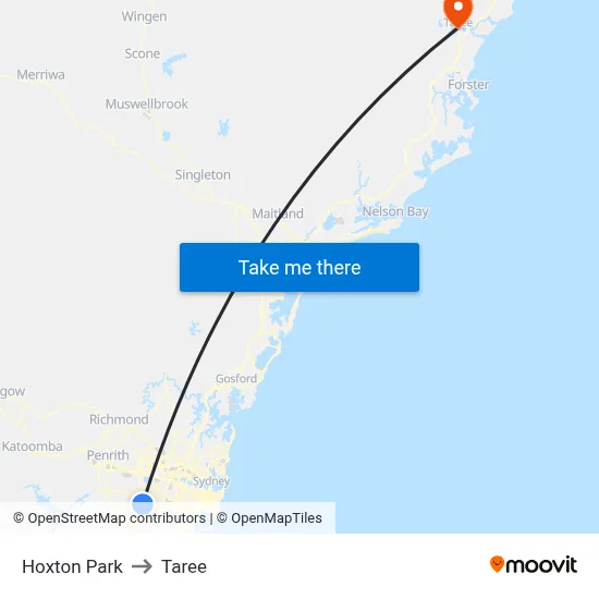 Hoxton Park to Taree map