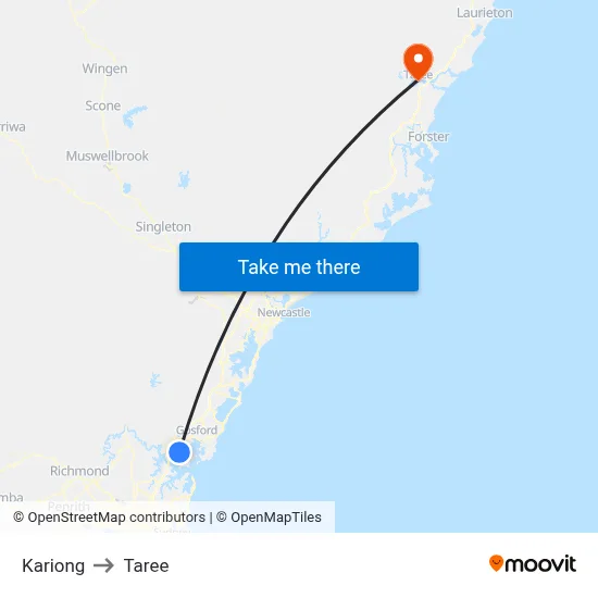 Kariong to Taree map