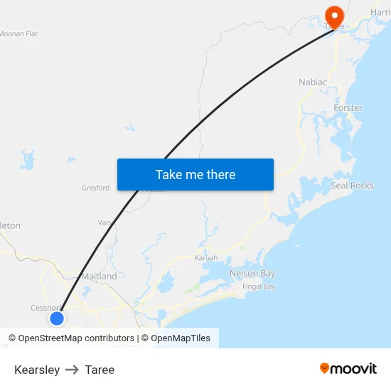 Kearsley to Taree map