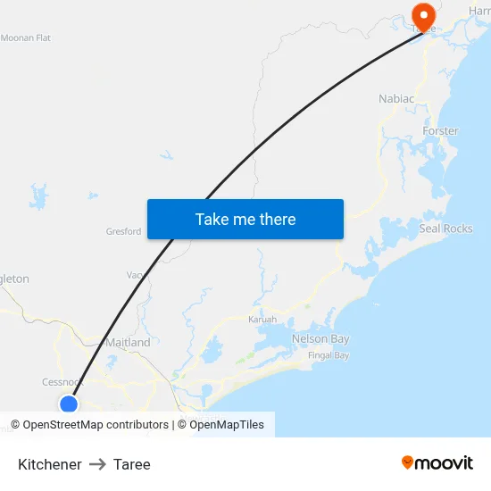 Kitchener to Taree map