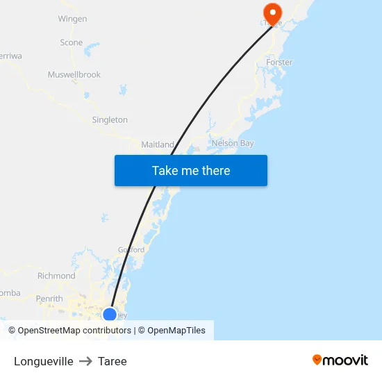Longueville to Taree map