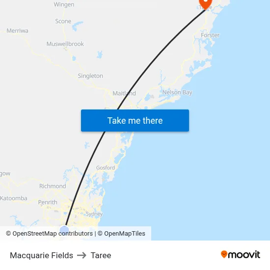 Macquarie Fields to Taree map