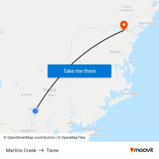 Martins Creek to Taree map