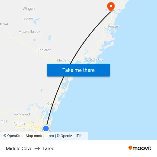 Middle Cove to Taree map