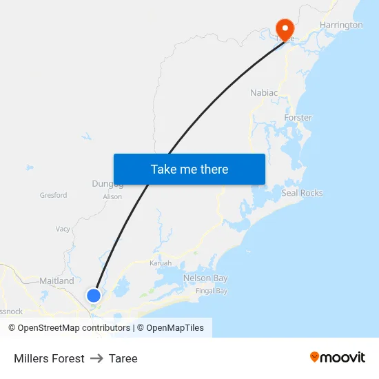 Millers Forest to Taree map