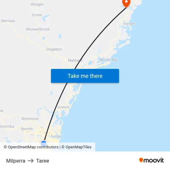 Milperra to Taree map