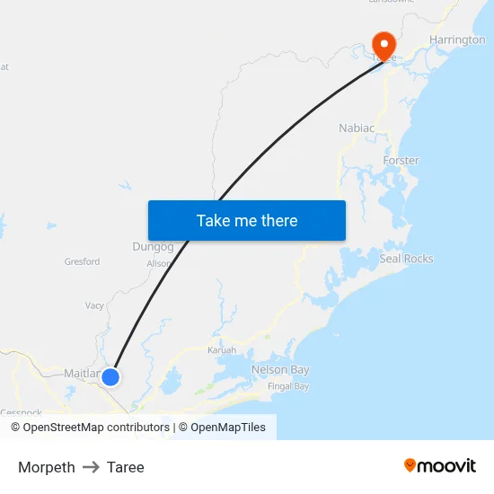 Morpeth to Taree map
