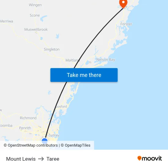 Mount Lewis to Taree map