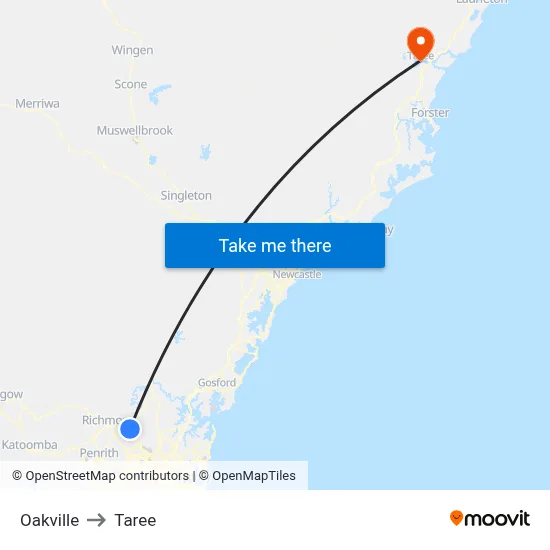 Oakville to Taree map