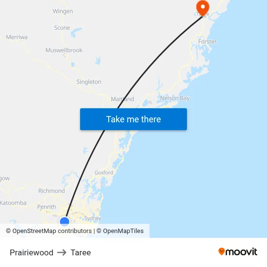 Prairiewood to Taree map
