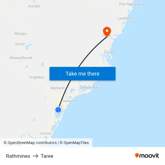 Rathmines to Taree map