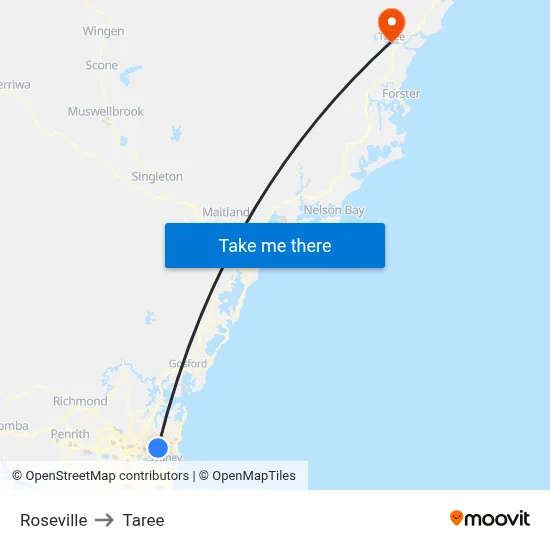Roseville to Taree map